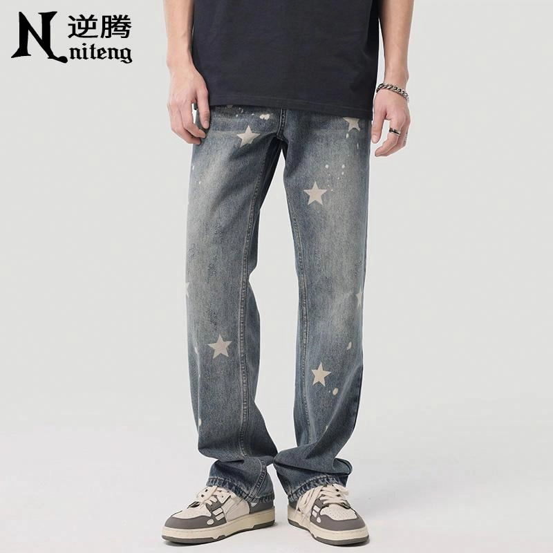 逆腾 美式星星印花宽松直筒牛仔裤 男款 蓝色