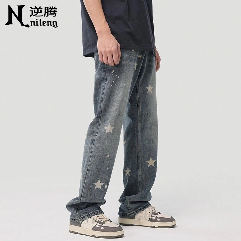 逆腾 美式星星印花宽松直筒牛仔裤 男款 蓝色