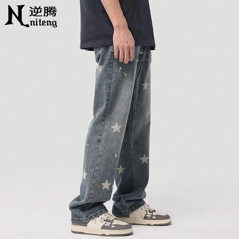 逆腾 美式星星印花宽松直筒牛仔裤 男款 蓝色