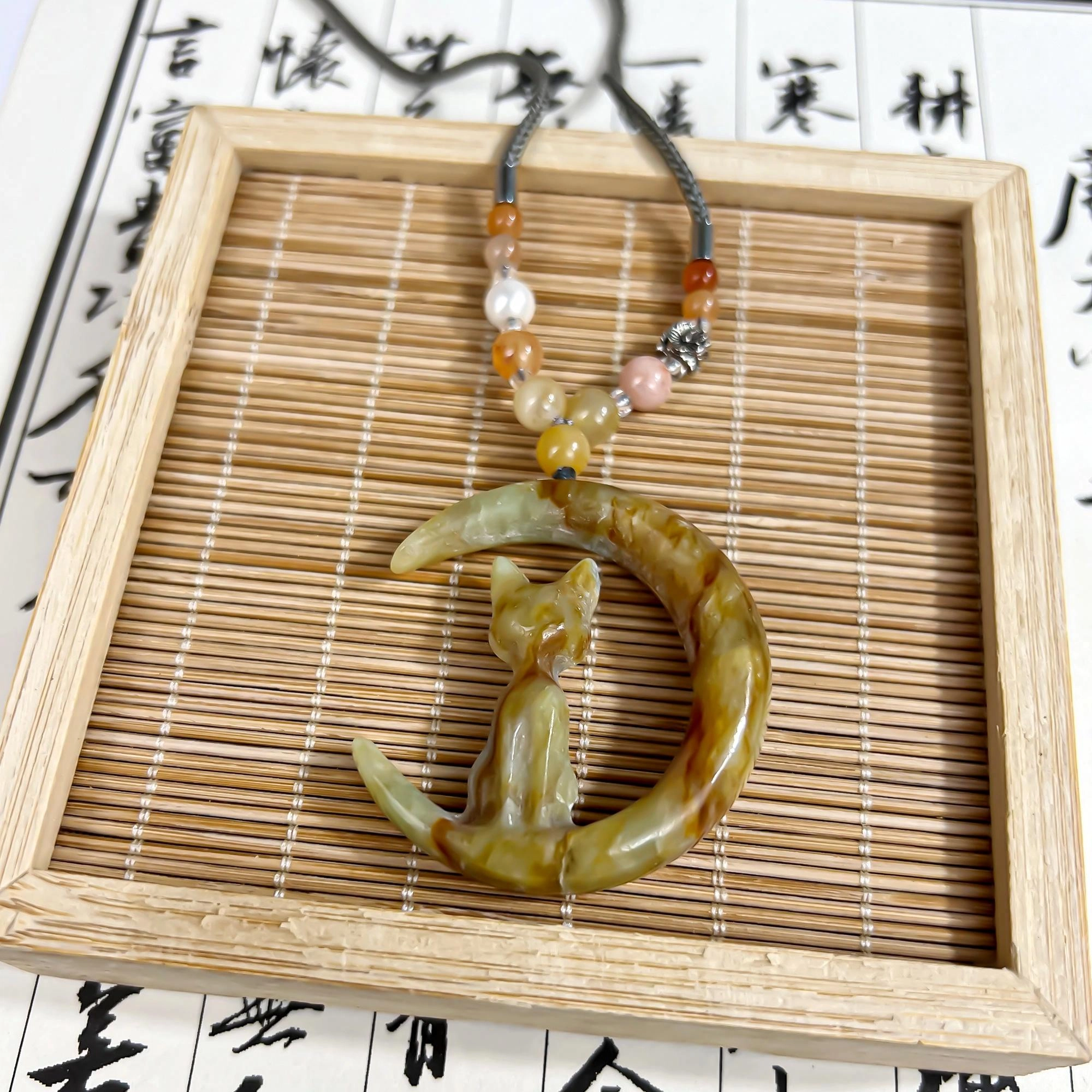 唐之饰 月亮猫花玉 新中式国风招桃花转运轻奢简约小可爱小众设计 温润大气#好运 岫玉（蛇纹石玉） 项链 男女同款情侣款