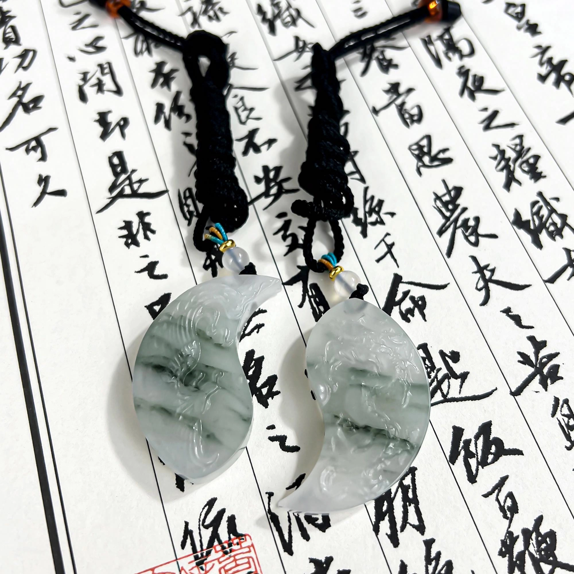 唐之饰 {高品质}龙凤呈祥玉佩一人一半 合二为一 天做地合国潮百搭青山黛翠白色十二生肖本命年招财纳福 天山翠 项链 男女同款情侣款