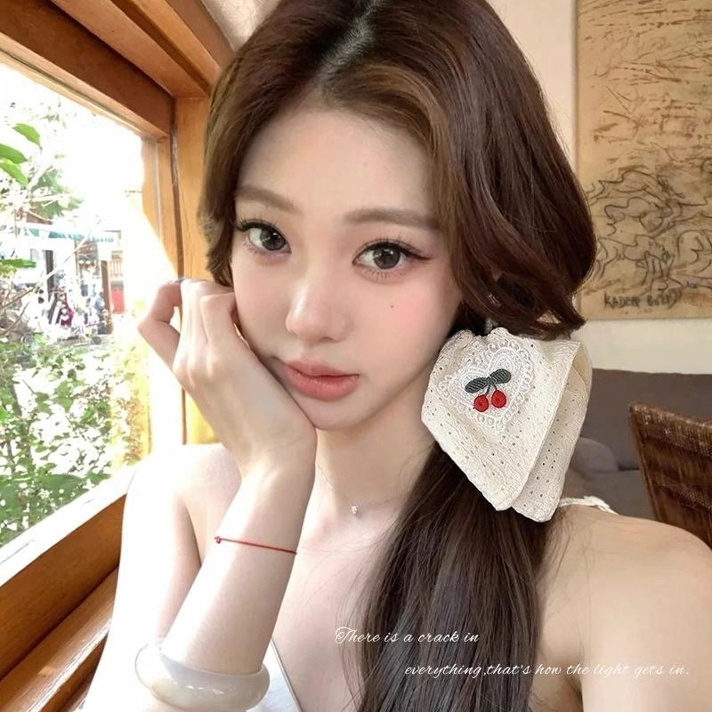 丹琴 蕾丝爱心樱桃 少女高颜值方巾大肠韩系超大扎头发绳高级感发饰 布艺 发圈 女款