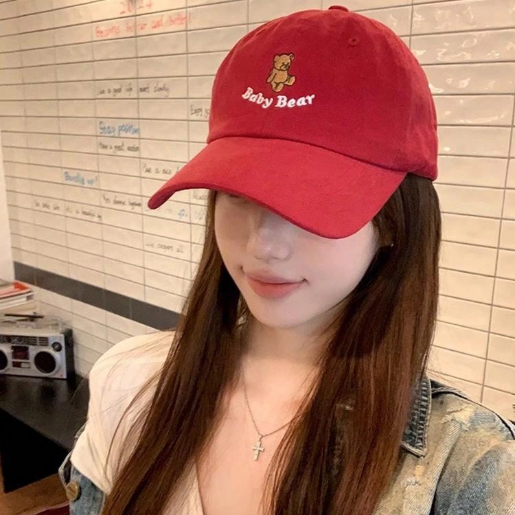 浪莎 可爱卡通小熊刺绣甜美可爱时尚百搭宽檐软顶学生大头围显脸小防晒遮阳 棉 鸭舌帽 男女同款情侣款