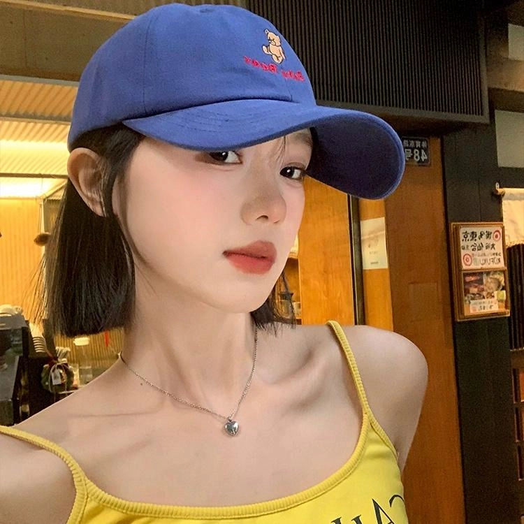 浪莎 可爱卡通小熊刺绣甜美可爱时尚百搭宽檐软顶学生大头围显脸小防晒遮阳 棉 鸭舌帽 男女同款情侣款
