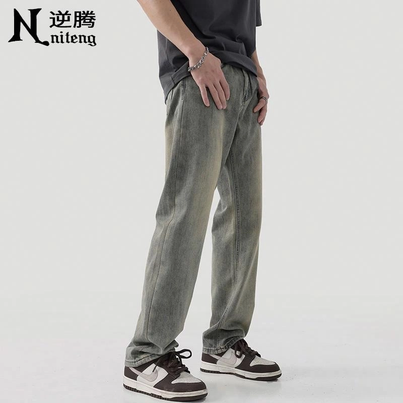 逆腾 水洗做旧宽松直筒阔腿牛仔裤 男款 复古蓝