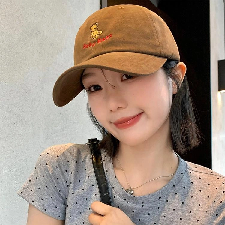 浪莎 可爱卡通小熊刺绣甜美可爱时尚百搭宽檐软顶学生大头围显脸小防晒遮阳 棉 鸭舌帽 男女同款情侣款