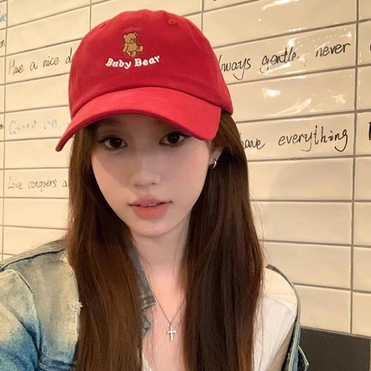 浪莎 可爱卡通小熊刺绣甜美可爱时尚百搭宽檐软顶学生大头围显脸小防晒遮阳 棉 鸭舌帽 男女同款情侣款