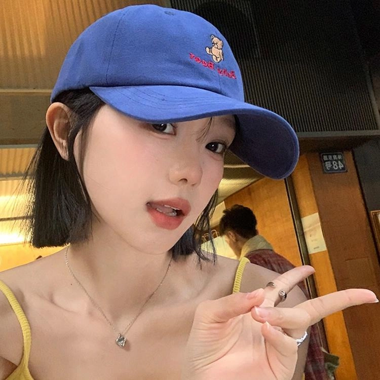 浪莎 可爱卡通小熊刺绣甜美可爱时尚百搭宽檐软顶学生大头围显脸小防晒遮阳 棉 鸭舌帽 男女同款情侣款