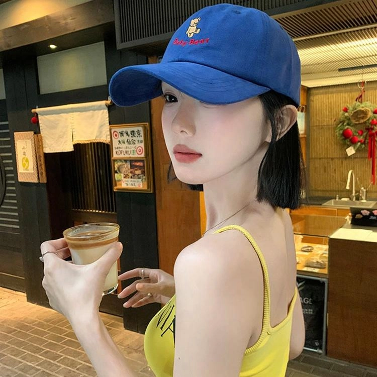 浪莎 可爱卡通小熊刺绣甜美可爱时尚百搭宽檐软顶学生大头围显脸小防晒遮阳 棉 鸭舌帽 男女同款情侣款