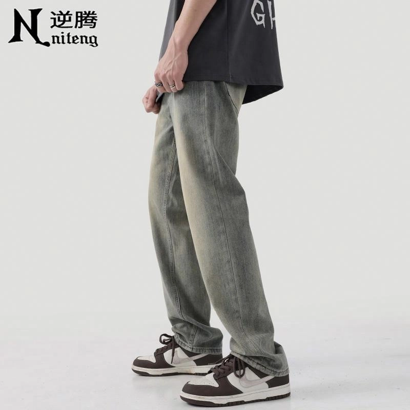 逆腾 水洗做旧宽松直筒阔腿牛仔裤 男款 复古蓝