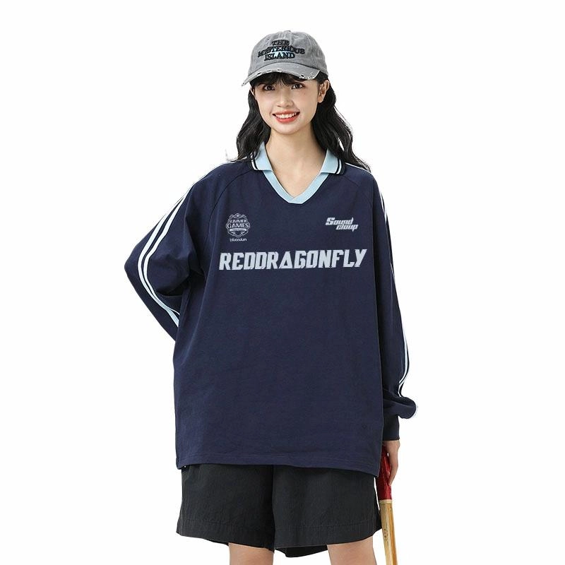 红蜻蜓 美式高街复古印花条纹拼接简约潮流基础百搭款卫衣 男女同款 黑色