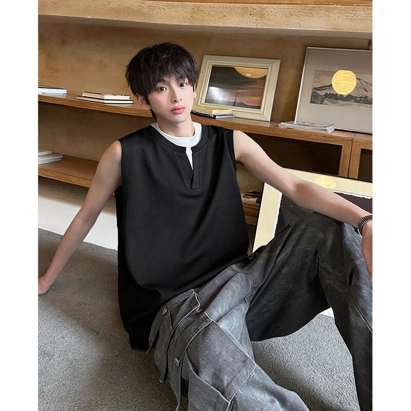 轻迎 港风宽松美式纯色假两件无袖背心 男款