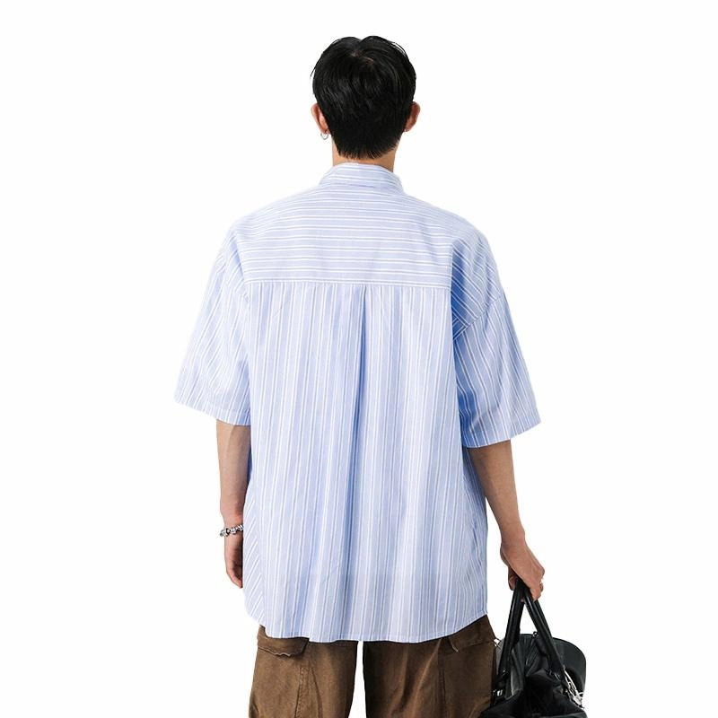 绘承 日系简约条纹薄款百搭通勤宽松休闲透气翻领内搭打底短袖衬衫 男女同款 白色