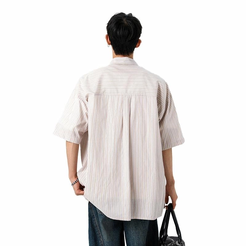 绘承 日系简约条纹薄款百搭通勤宽松休闲透气翻领内搭打底短袖衬衫 男女同款 白色