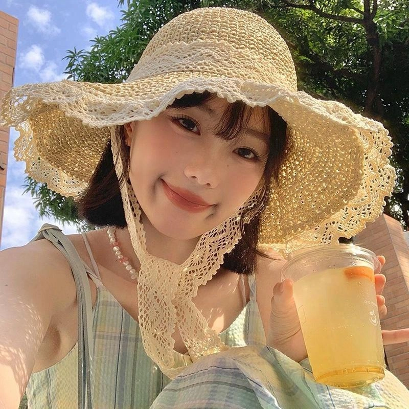 祎步康 法式草帽夏季透气蕾丝花边镂空 涤纶 渔夫帽 女款