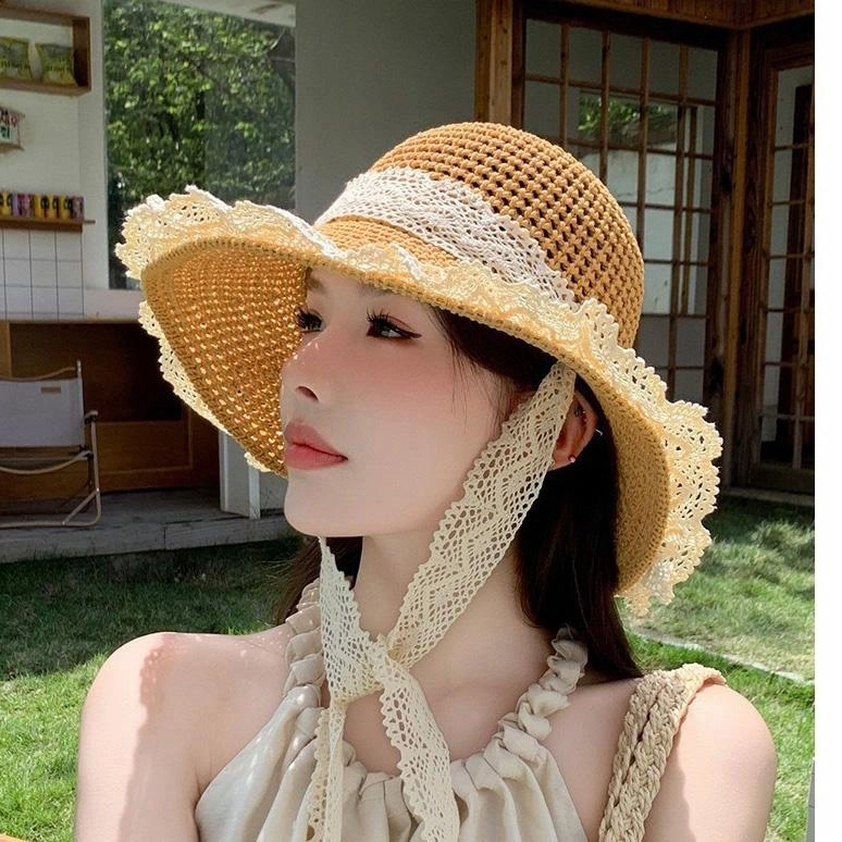 祎步康 法式草帽夏季透气蕾丝花边镂空 涤纶 渔夫帽 女款
