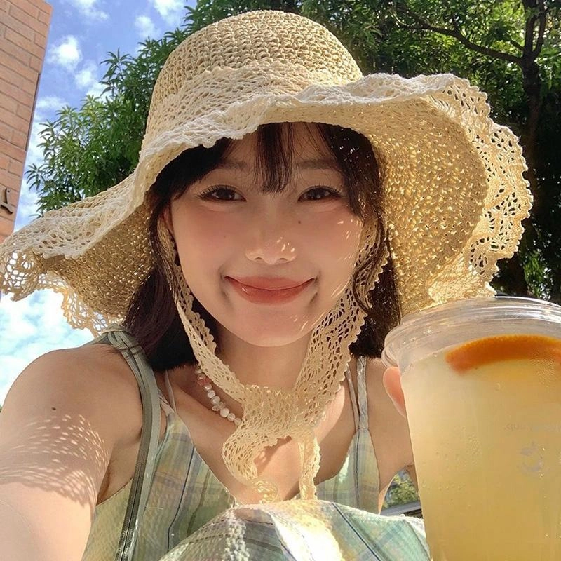 祎步康 法式草帽夏季透气蕾丝花边镂空 涤纶 渔夫帽 女款