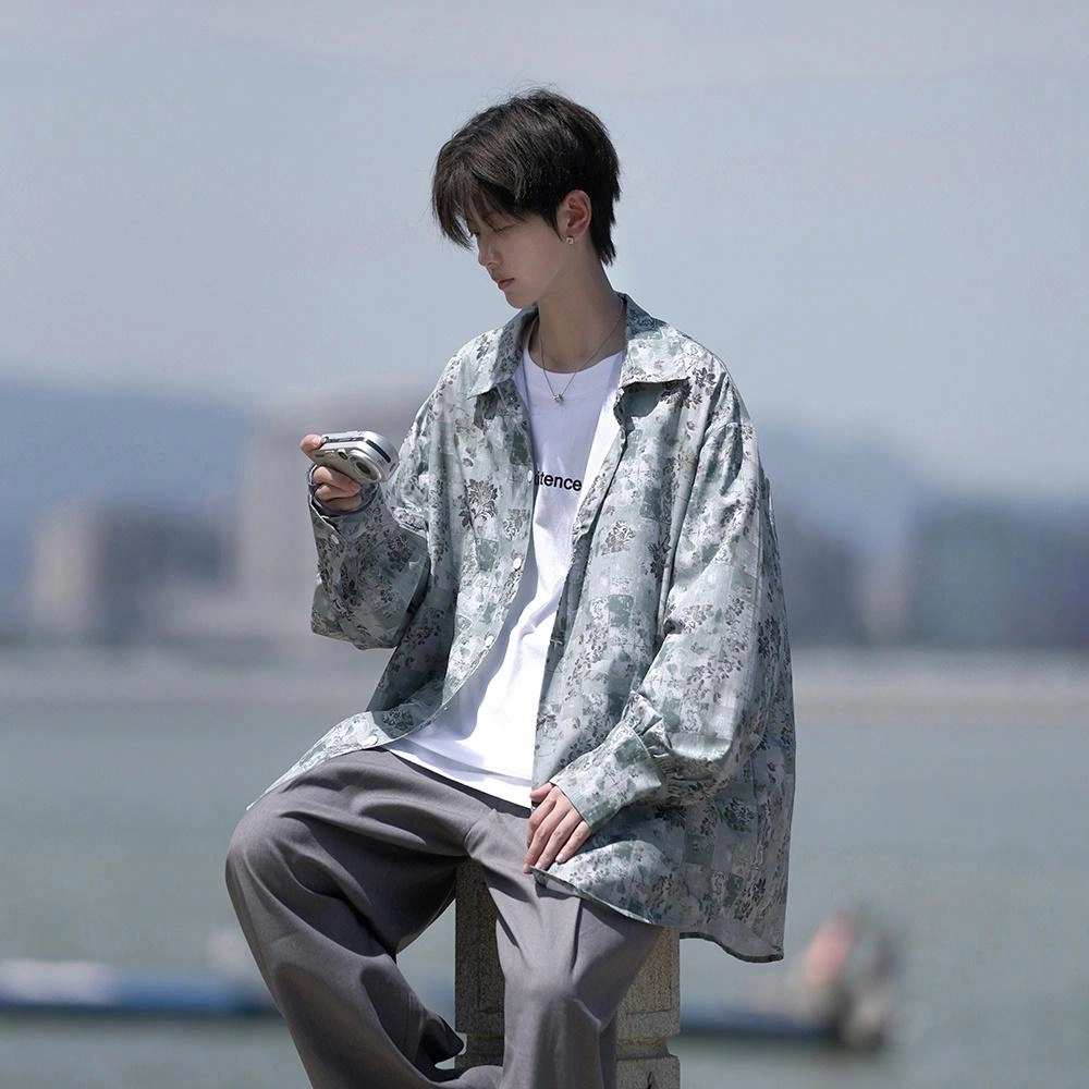 轻迎 宽松简约大码港风长袖衬衫 男款