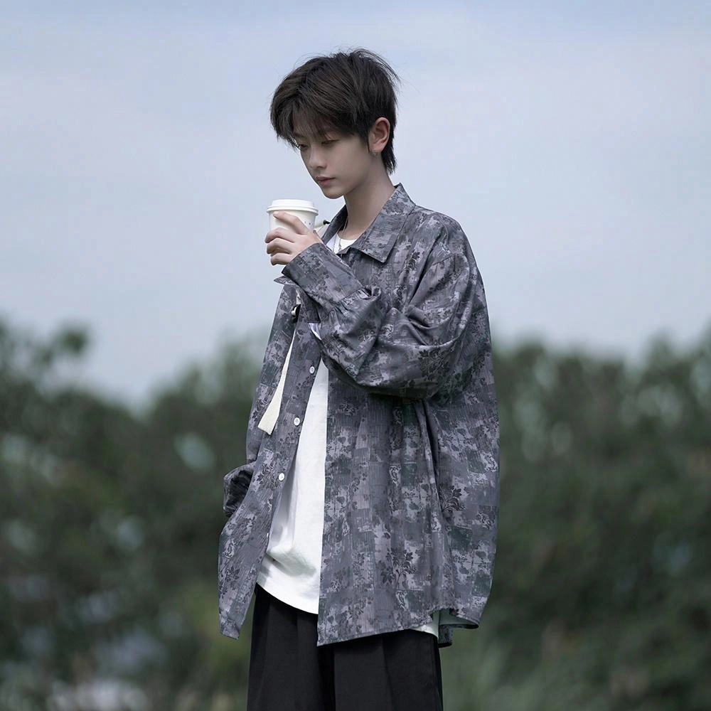 轻迎 宽松简约大码港风长袖衬衫 男款