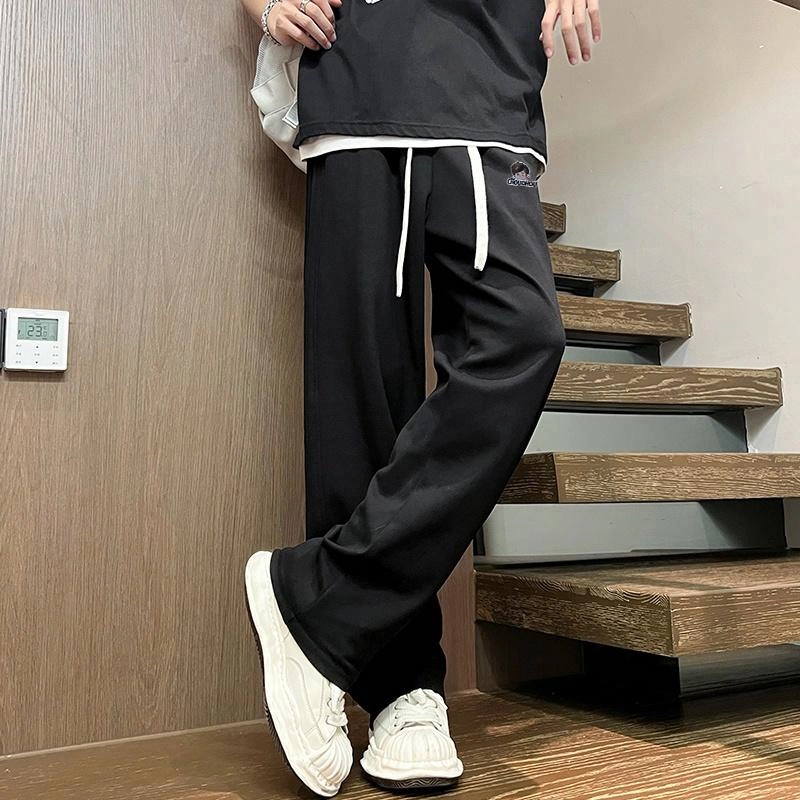 周同学 简约纯色字母宽松中腰抽绳系带显瘦直筒垂感休闲裤 男女同款