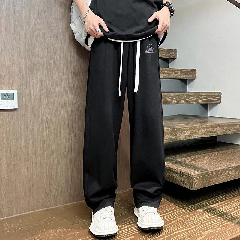 周同学 简约纯色字母宽松中腰抽绳系带显瘦直筒垂感休闲裤 男女同款