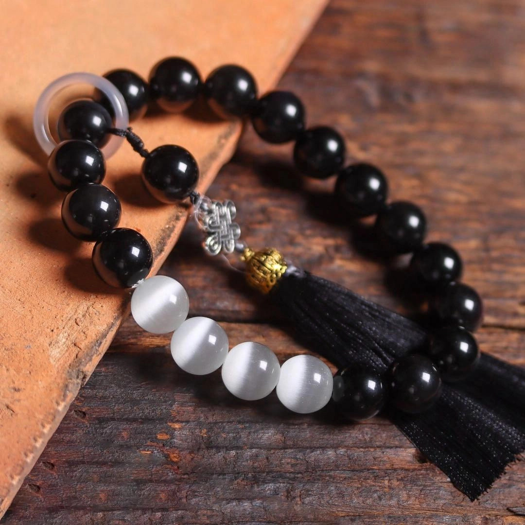 芳缘小傅 国风文玩佛珠手持珠转运珠 时来运转平安吉祥#好运 黑曜石 玉石手串 男女同款情侣款