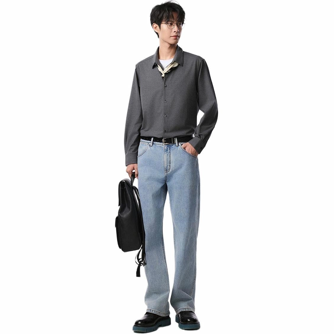 棉先生 时尚都市纯色翻领长袖衬衫 男款
