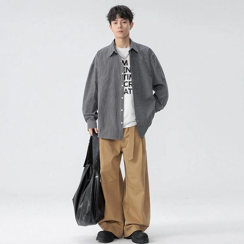 稻草人 格子条纹宽松纽扣翻领舒适日系复古百搭长袖衬衫 男女同款