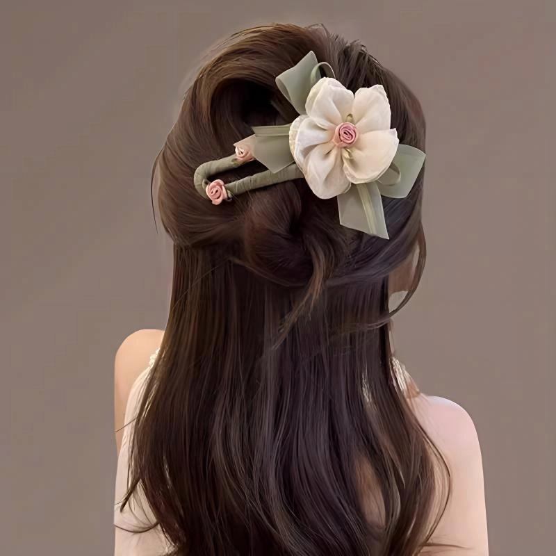 丹琴 绿叶网纱花朵 森系早春氛围感气质鸭嘴夹后脑勺半扎发盘发高级感发卡 亚克力 发夹 女款