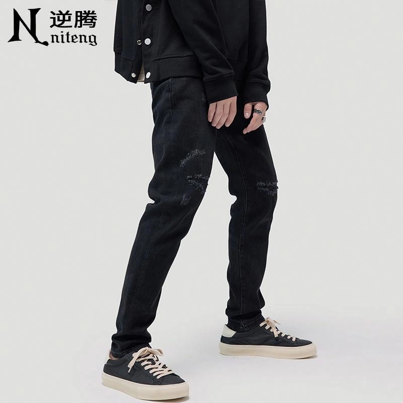 逆腾 美式破洞直筒小脚牛仔裤 男款 黑色