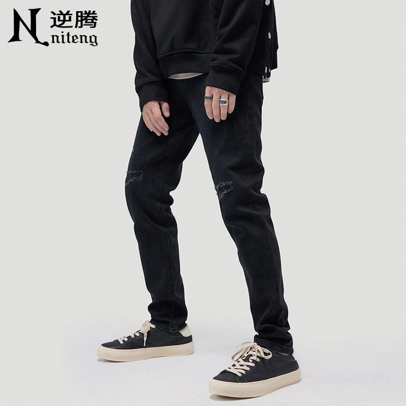 逆腾 美式破洞直筒小脚牛仔裤 男款 黑色