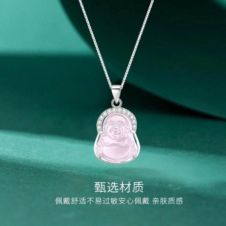 【S925银&福佑转运】 金师傅 弥勒佛 本命佛新中式国潮气质优雅大方小清新 小众轻奢设计高级感#好运石英岩质玉 粉水晶 项链 男女同款情侣款