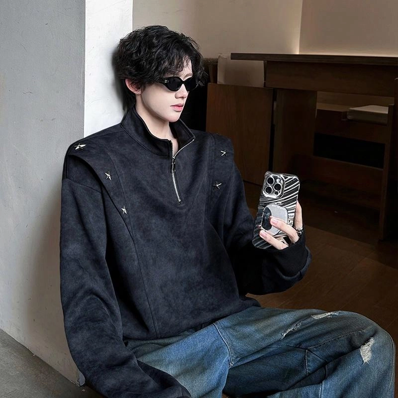袋鼠 美式简约复古风星星铆钉拉链卫衣 男女同款