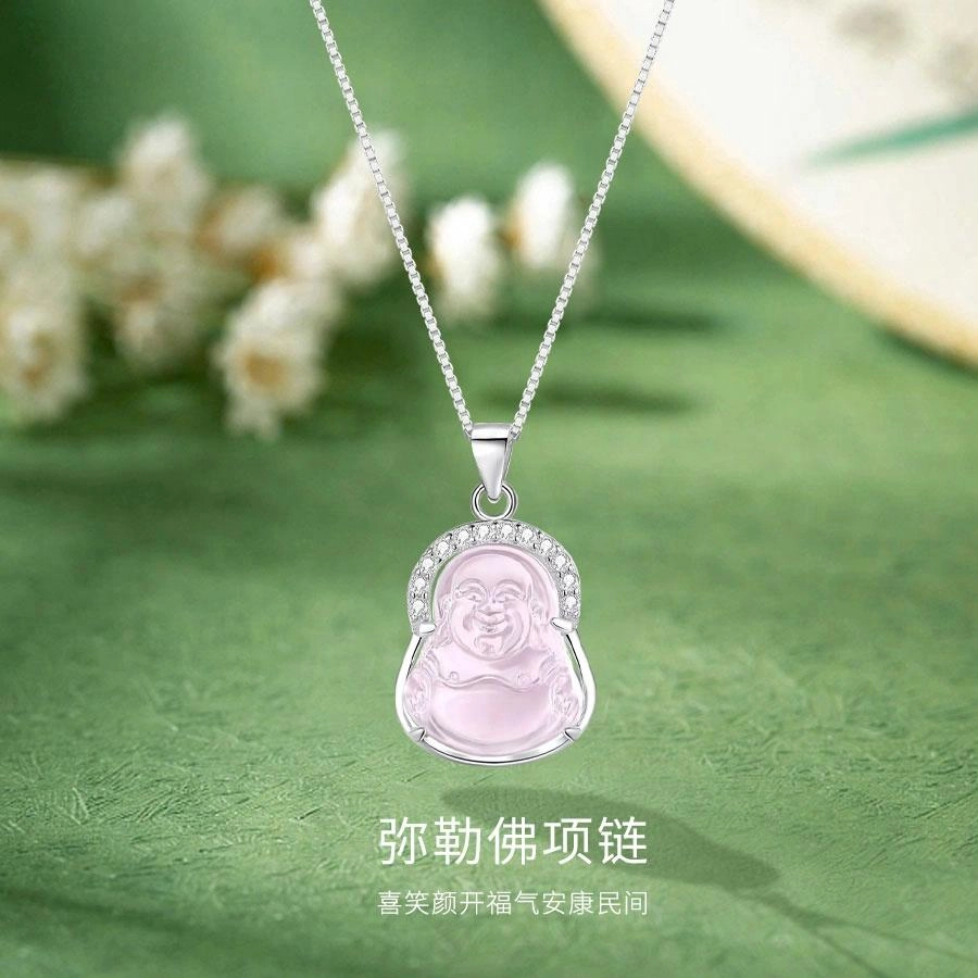 【S925银&福佑转运】 金师傅 弥勒佛 本命佛新中式国潮气质优雅大方小清新 小众轻奢设计高级感#好运石英岩质玉 粉水晶 项链 男女同款情侣款
