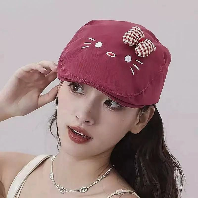 尚先生 日系可爱猫咪蝴蝶结前进帽 甜美百搭显脸小画家帽 棉 贝雷帽 女款