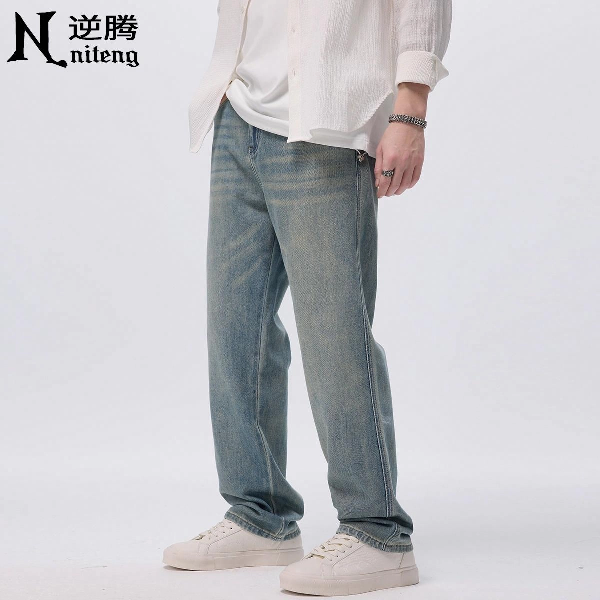 逆腾 潮牌垂感直筒阔腿复古牛仔裤 男款 蓝色