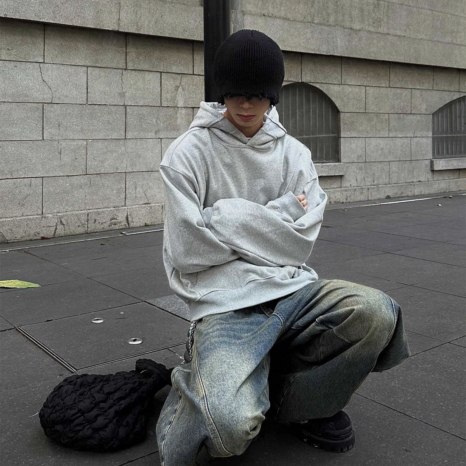 黑衣先生 纯色拼接解构连帽宽松长袖卫衣 男女同款 灰色