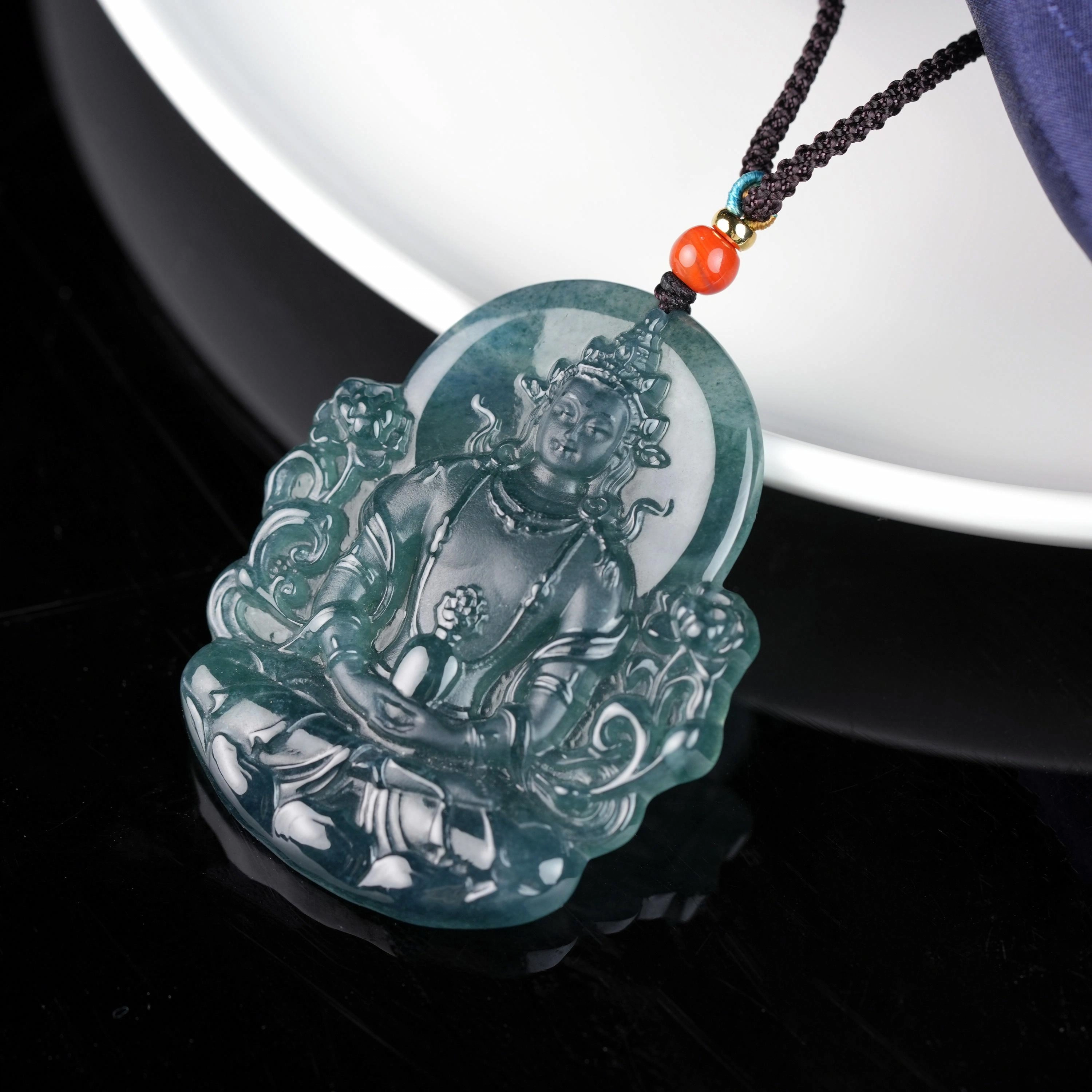 清雪 新中式国风典藏翡翠蓝水观音大师雕刻工艺玉石文玩#守护#好运#端庄大气典雅复古风 糯冰 项链 男女同款情侣款
