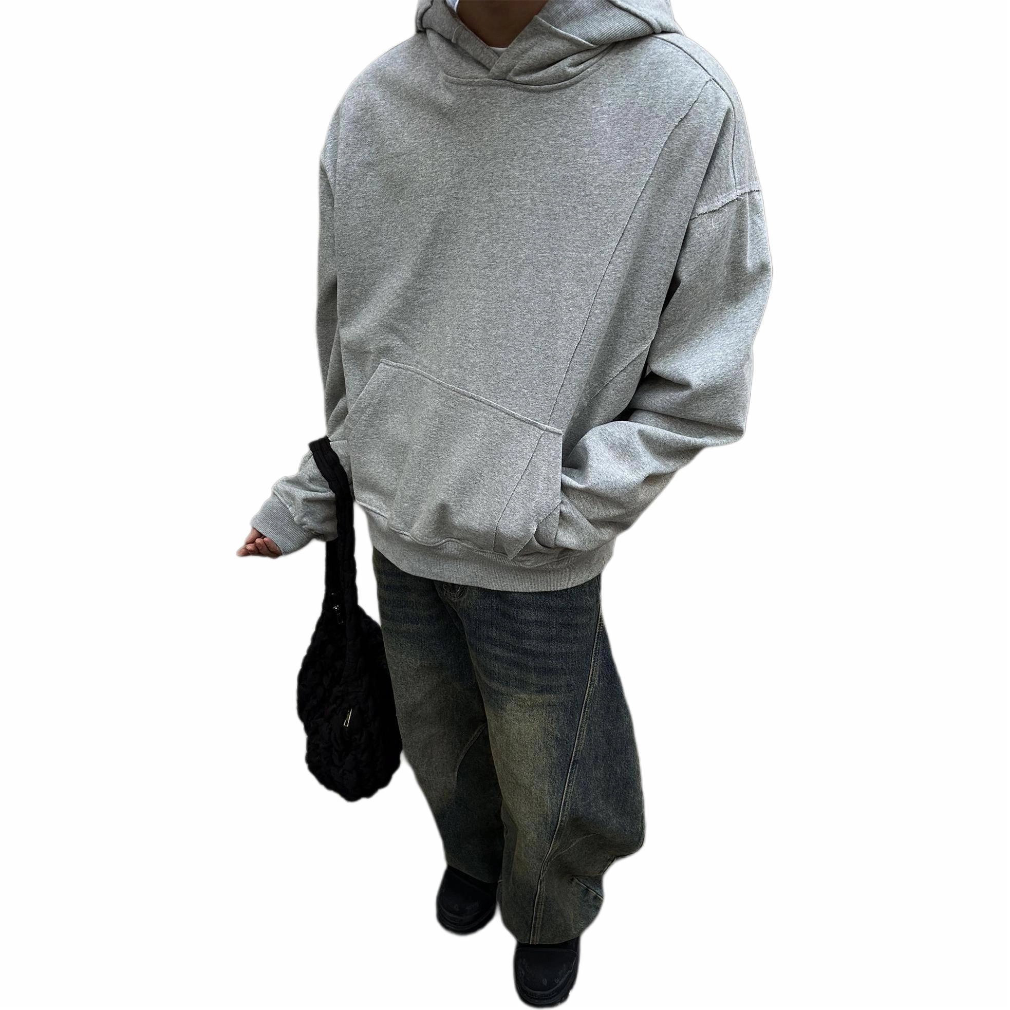 黑衣先生 纯色拼接解构连帽宽松长袖卫衣 男女同款 灰色