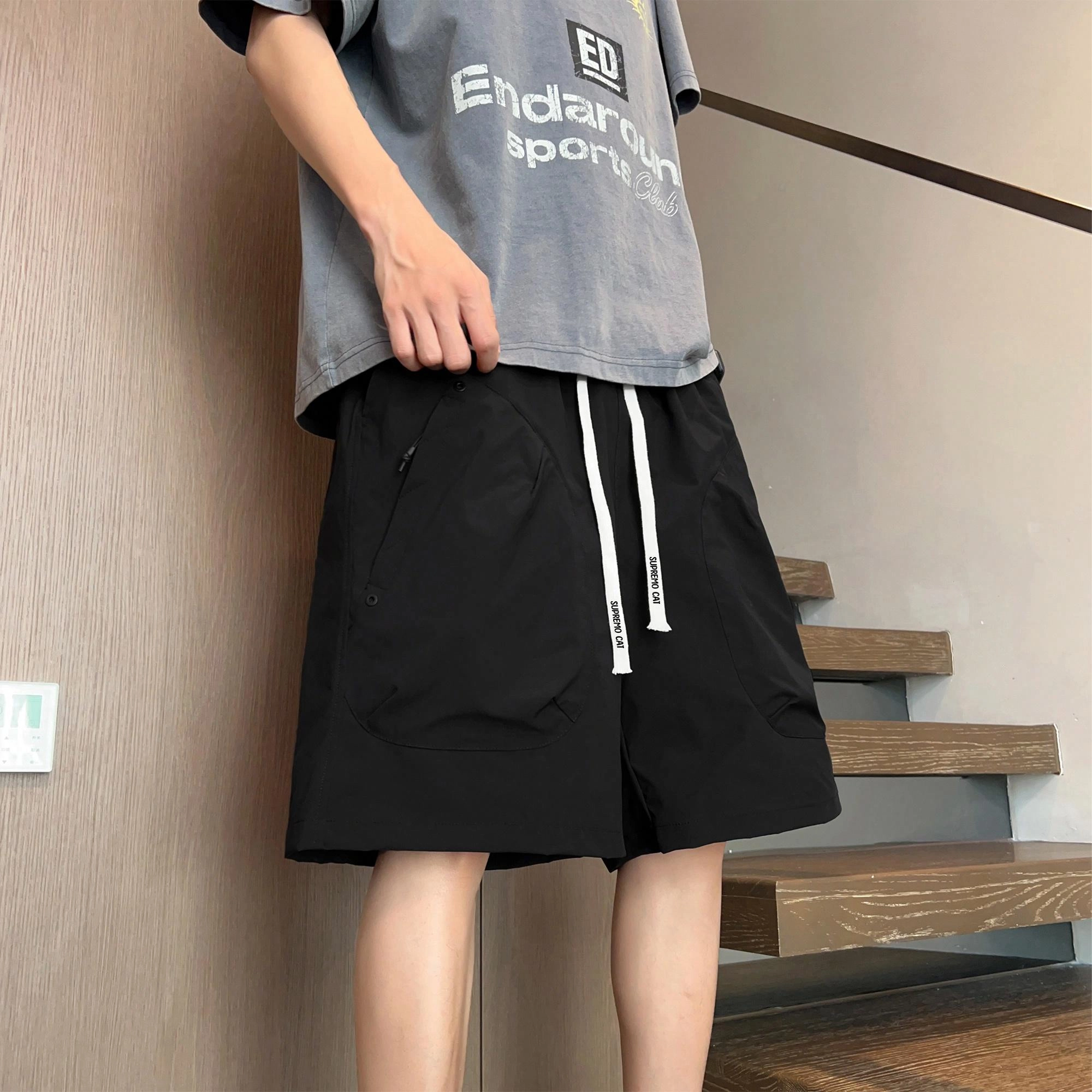 吾皇猫 美式简约百搭学院风基础款直筒宽松裤子舒适透气纯色五分裤中腰系带工装休闲短裤 男女同款