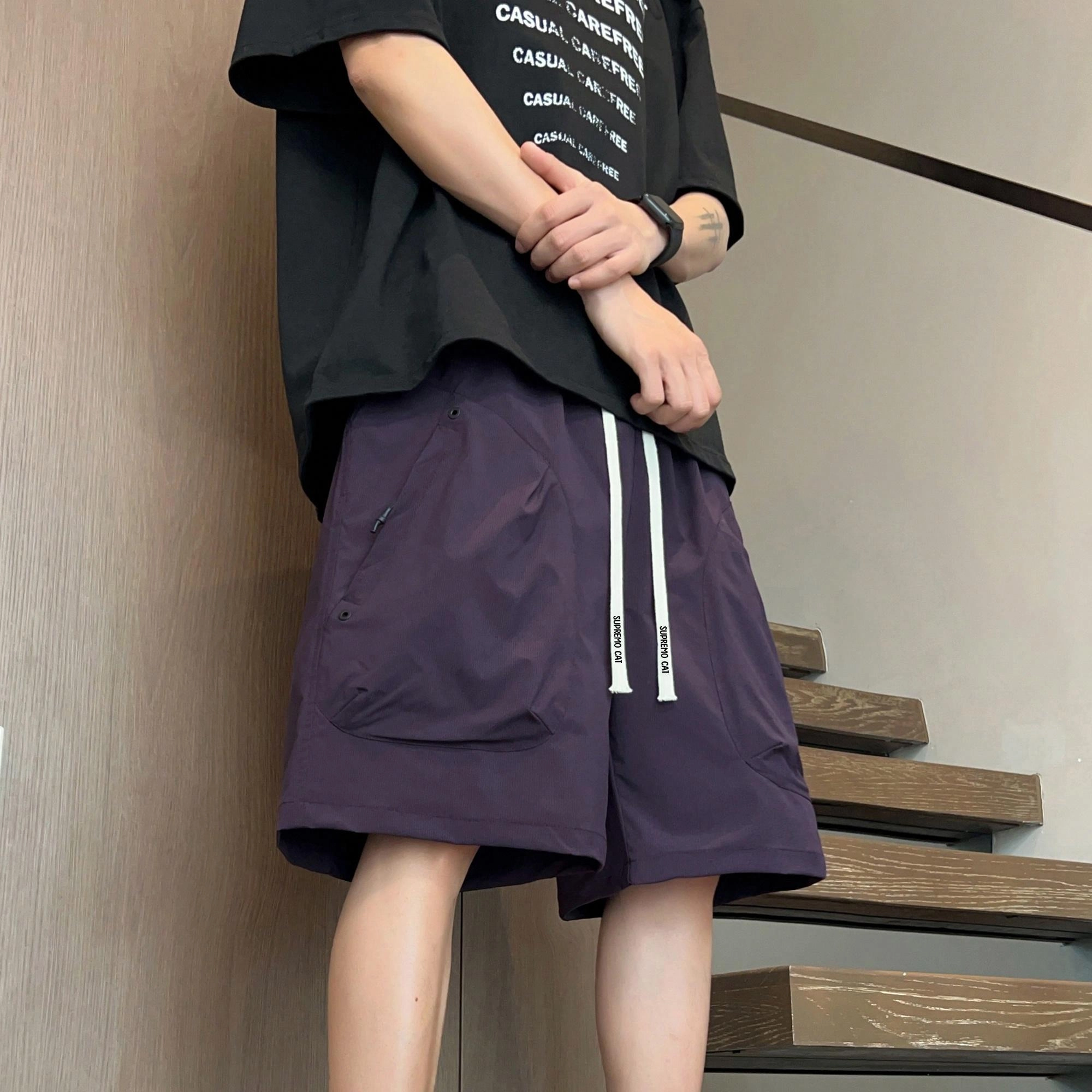吾皇猫 美式简约百搭学院风基础款直筒宽松裤子舒适透气纯色五分裤中腰系带工装休闲短裤 男女同款