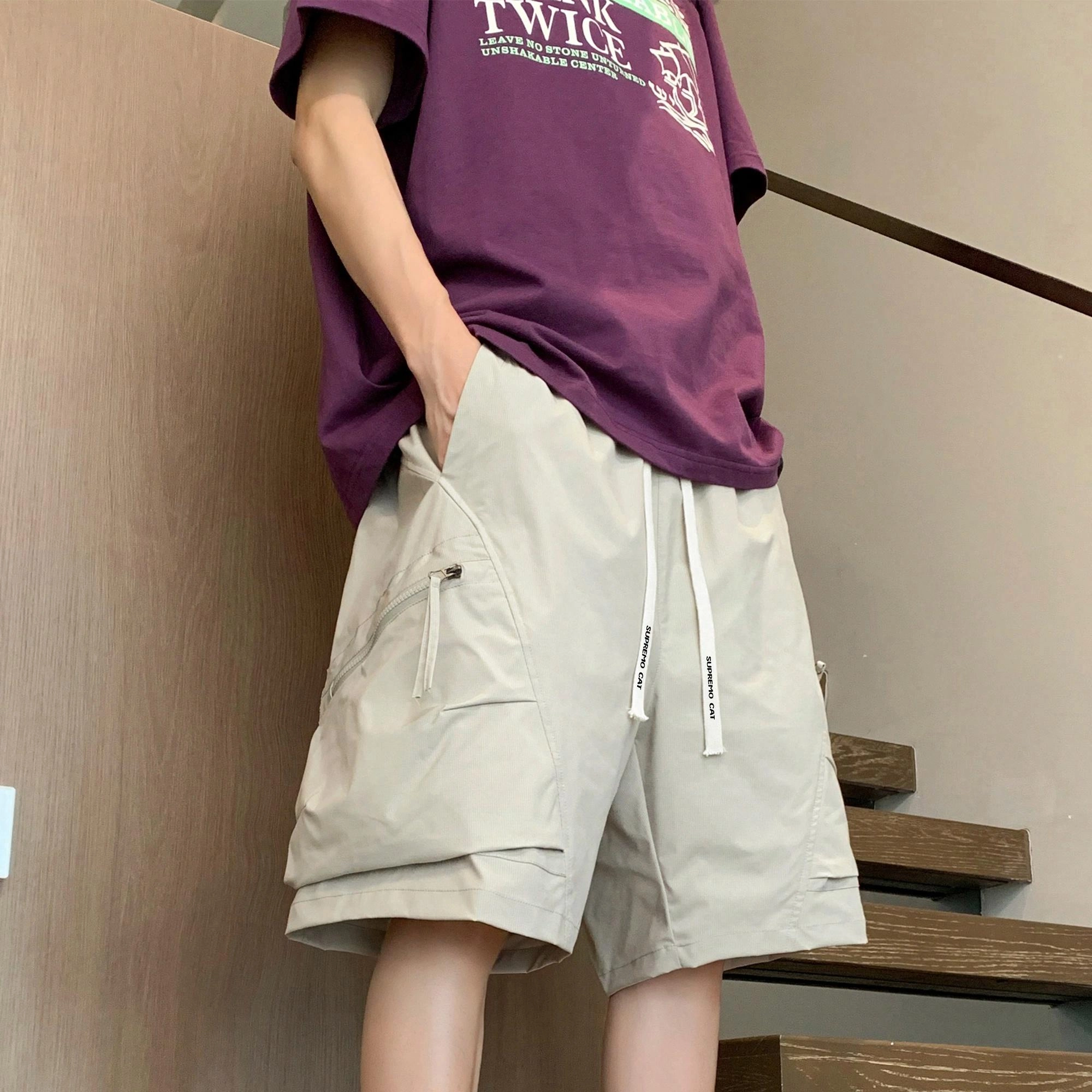 吾皇猫 美式复古简约百搭个性潮流裤子宽松直筒裤舒适透气基础款休闲多口袋五分工装短裤 男女同款