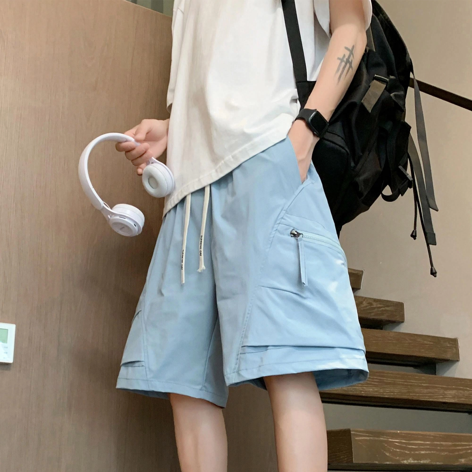 吾皇猫 美式复古简约百搭个性潮流裤子宽松直筒裤舒适透气基础款休闲多口袋五分工装短裤 男女同款