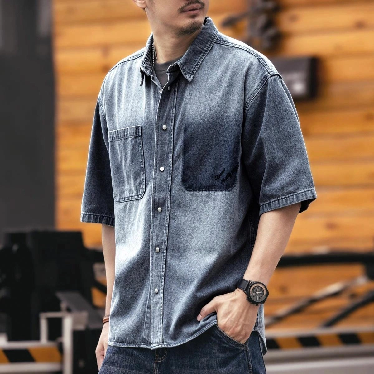 格蓝鹿 宽松休闲欧美简约尖领短袖衬衫 男款 浅蓝