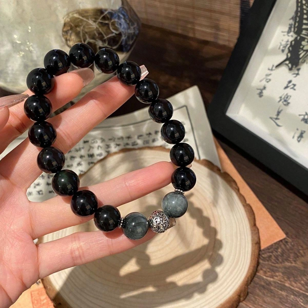 唐述 幸运铃铛 心有所响国潮新中式招财转运珠文玩盘串 黑曜石 好运手串 男女同款情侣款