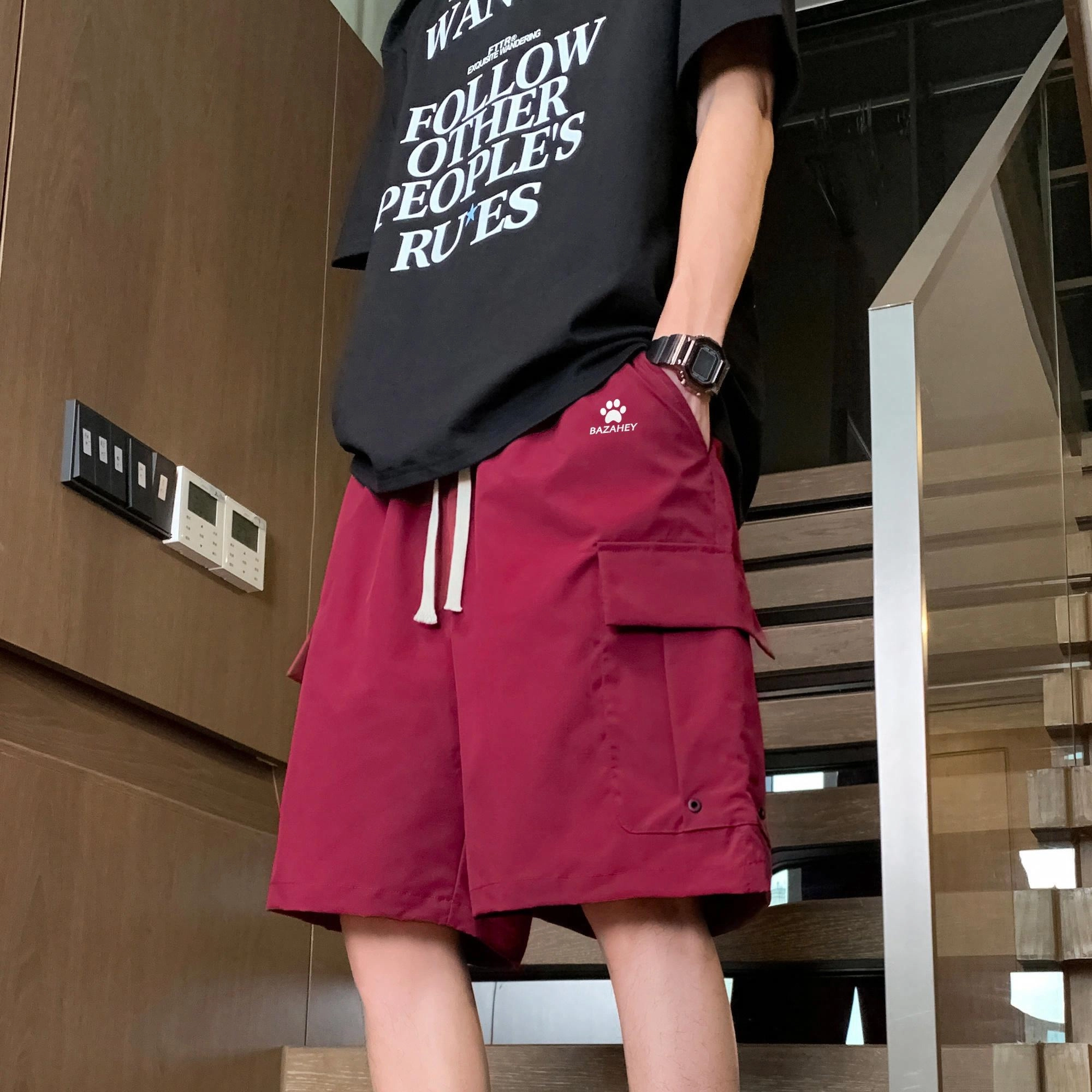 吾皇猫 美式复古学院风基础款简约百搭个性卡通印花宽松直筒五分裤子多口袋工装休闲短裤 男女同款