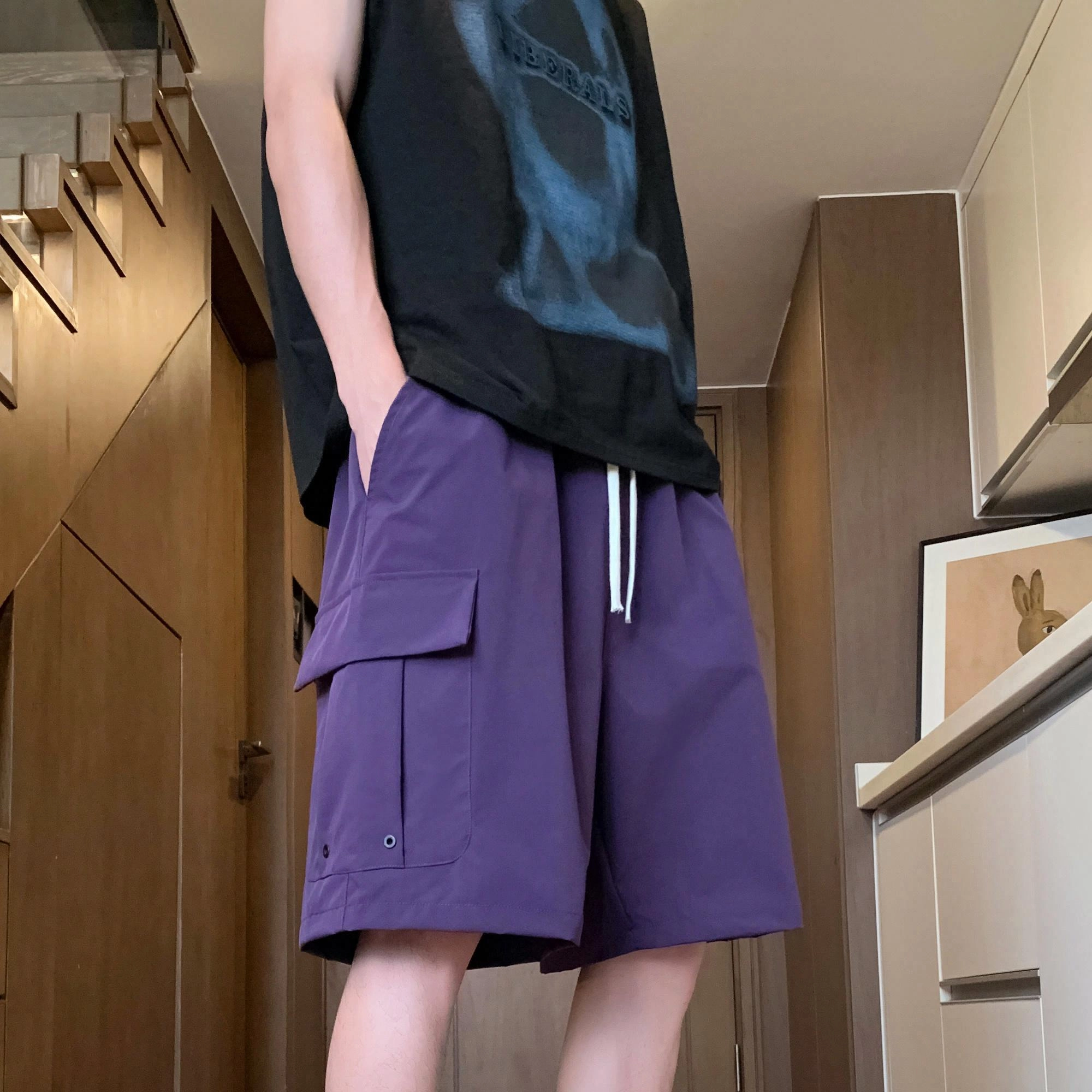 吾皇猫 美式复古学院风基础款简约百搭个性卡通印花宽松直筒五分裤子多口袋工装休闲短裤 男女同款