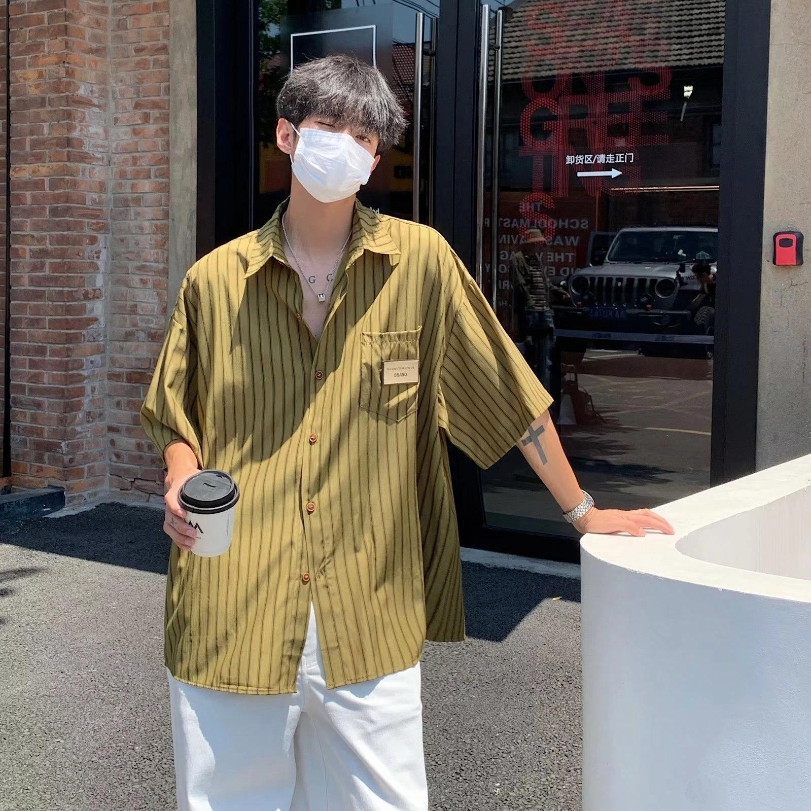 物质公式 日系复古条纹口袋翻领无休闲宽松透气基础款时尚百搭小衫短袖衬衫 男女同款
