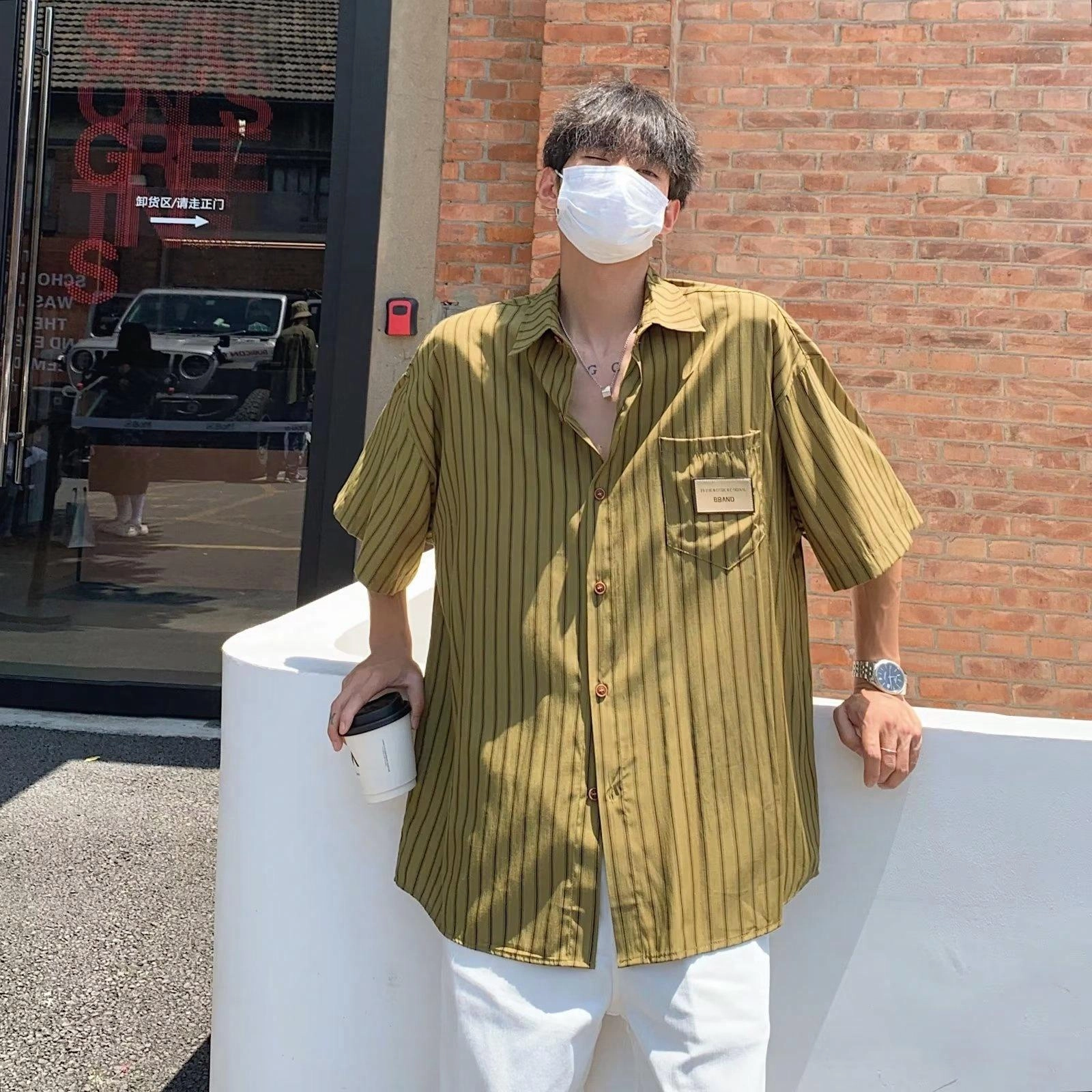物质公式 日系复古条纹口袋翻领无休闲宽松透气基础款时尚百搭小衫短袖衬衫 男女同款