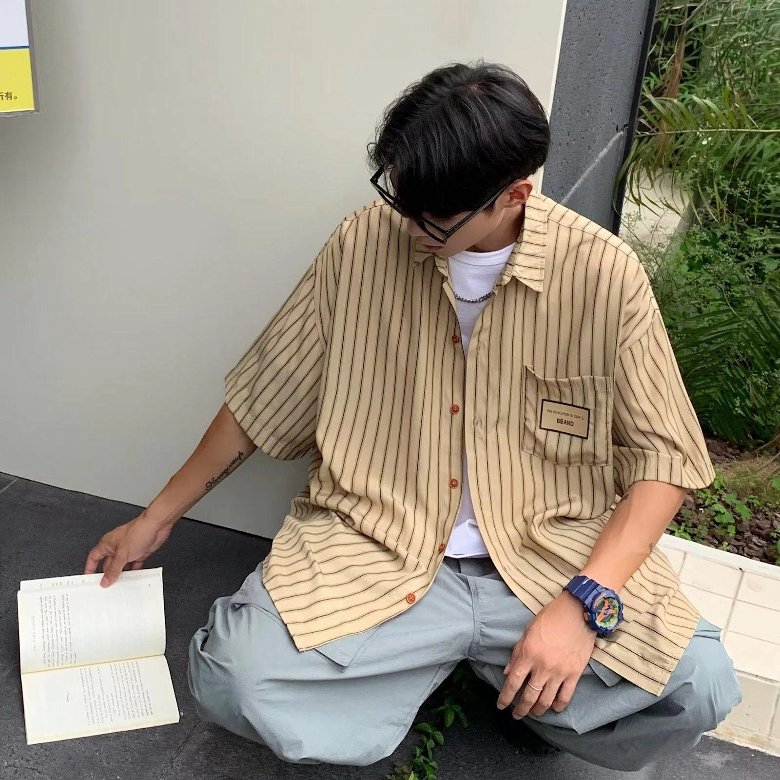 物质公式 日系复古条纹口袋翻领无休闲宽松透气基础款时尚百搭小衫短袖衬衫 男女同款